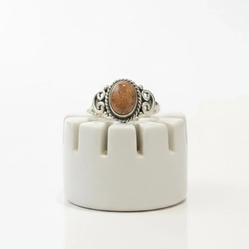 Boho Southwestern Style Silver Filigree Ring with Natural Earth-Tone Cabochon